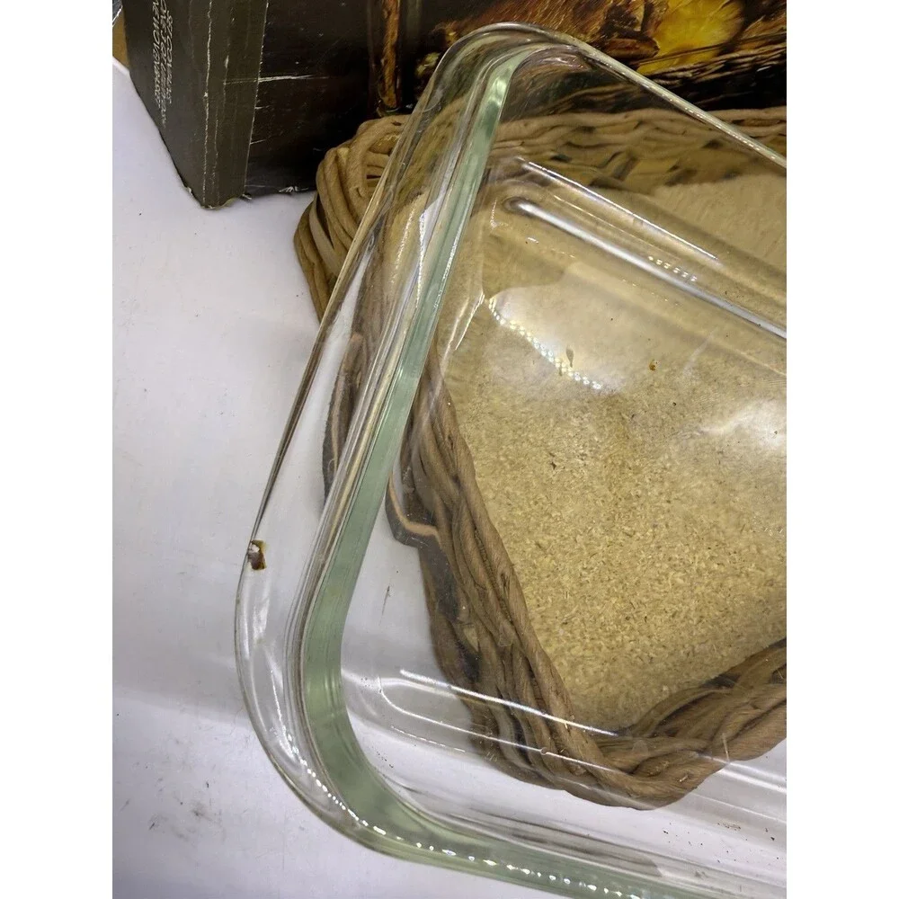 VTG 70s PYREX 2330 Baker in a Basket Clear 3 QT Utility Dish & Woven Basket 9x13
